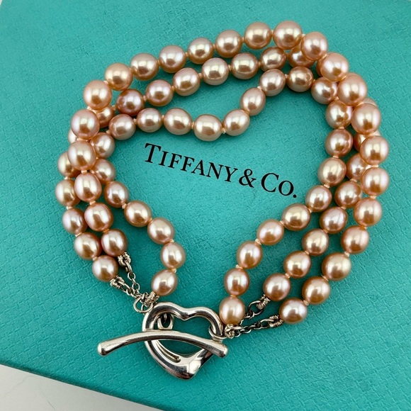Tiffany & Co. Pink Pearl Open Heart Toggle Bracelet Sterling Silver Elsa Peretti - Picture 1 of 6